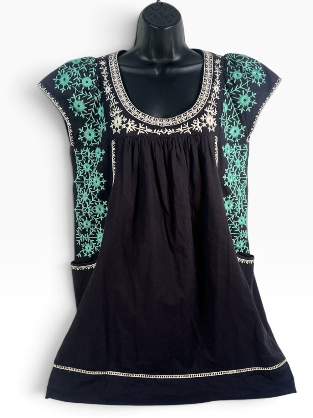 Theme Navy Blue Green White Embroidered SmockTunic Top with Pockets M